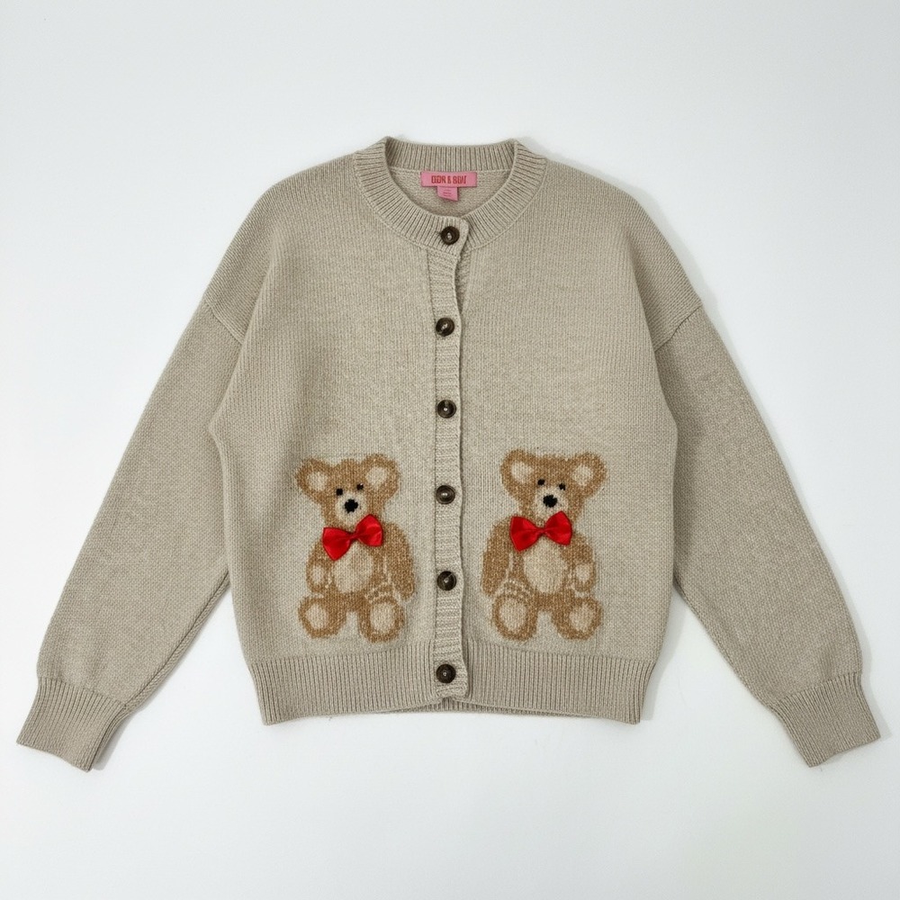 Coco & Shay Teddy Bear Cardigan Sweater Womens XL Bow Grandmacore Cottagecore